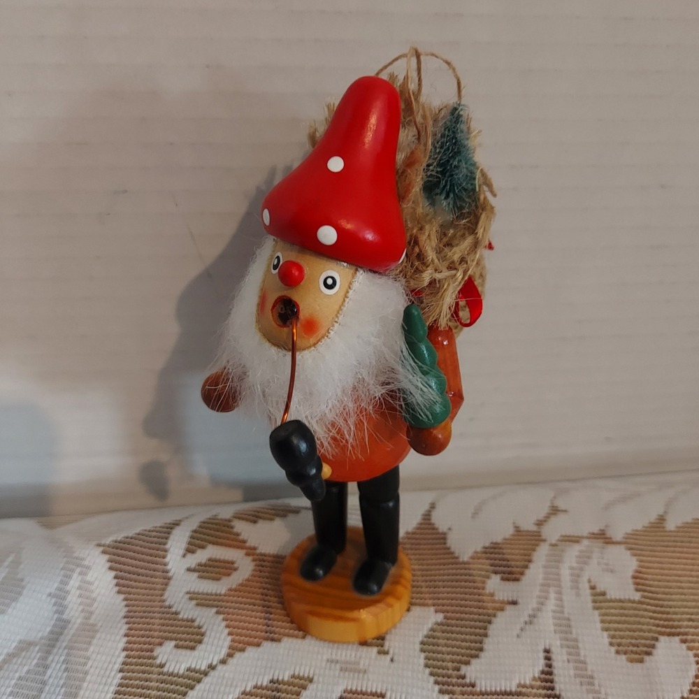 Vintage Wooden Incense Smoker Gnome Santa Figurine Red Mushroom Hat 6" German